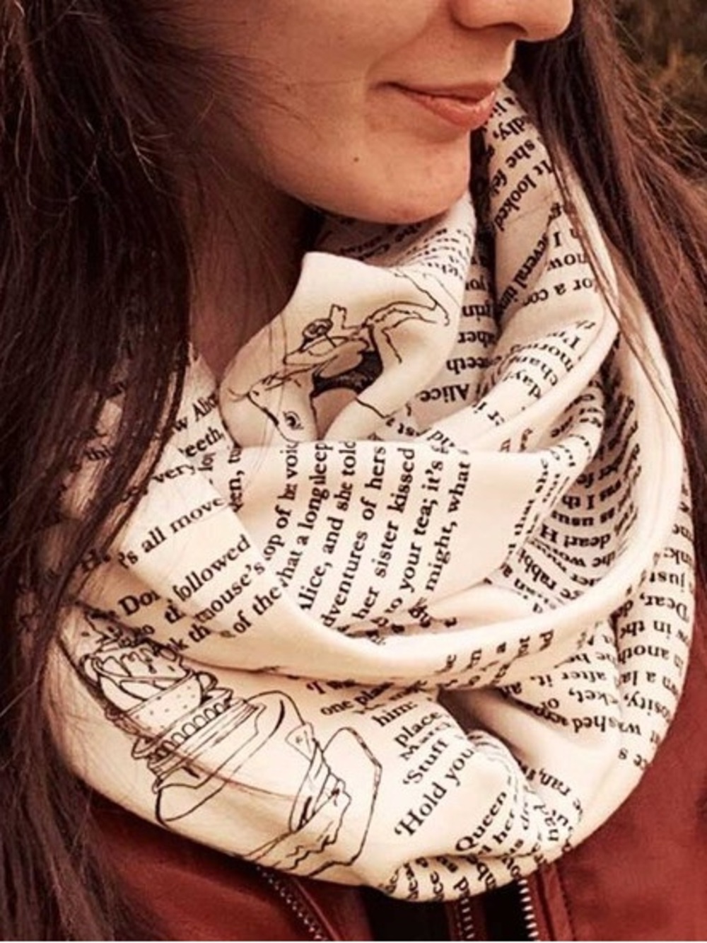 Storiarts Printed Storybook Text “Alice in Wonderland” Cream Infinity Scarf. OS.
